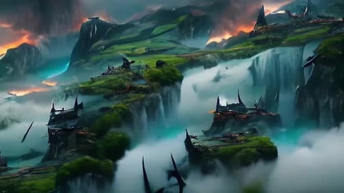 Animated Surreal Fantasy Landscape with Flowing Water and Mist