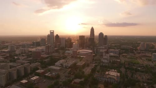Charlotte North Carolina Circa-2019. Aerial View of Charlotte at Sunset. From