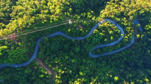 Autos fahren auf kurvenreicher Straße im berggrünen tropischen Regenwald