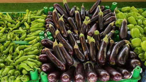 Fresh Eggplant and Pepper Vegetables on a Counter in Street Food Market Farming and Agriculture