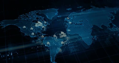 5G mobile network technology symbol on world map