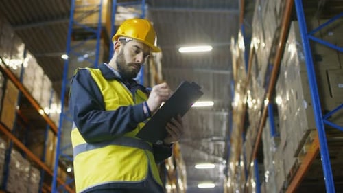 Overseer Wearing Hard Hat with Clipboard Fills in Forms in a Warehouse. He Walks Through Rows of St