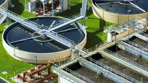 Aerial View of Modern Water Cleaning Facility at Urban Wastewater Treatment Plant