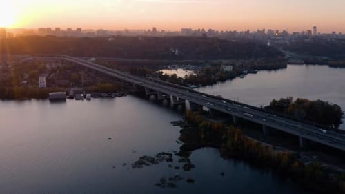 Aerial View of Urban City Scape with Bridge Over the River