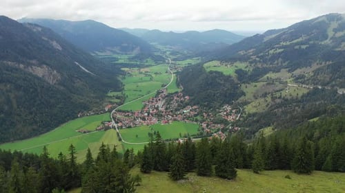 Bayrischzell municipality aerial view, with a view of Osterhofen town. German beautiful nature and g