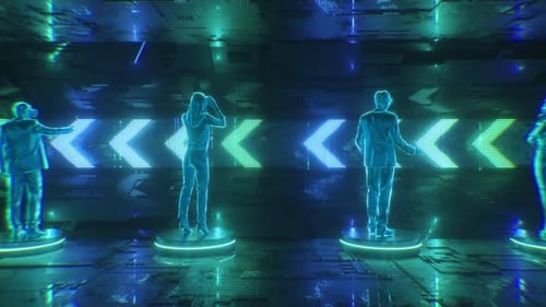 Neon Glowing Futuristic Tunnel And Hud Digital Characters Looped Backdrop