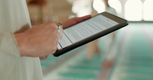Religion, Islam and hands with a tablet at a mosque for communication, prayer or reading scripture