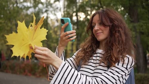 Woman Takes Photos of Autumn Leaves in Park