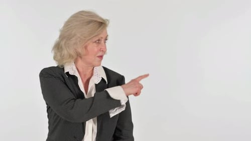 Pointing Business Woman Showing Copyspace on White Background