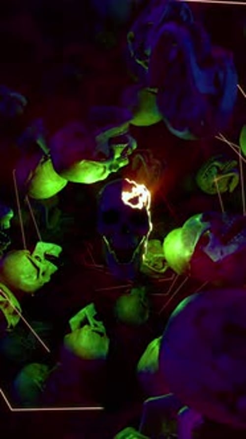 Halloween Neon Skulls and Geometric Lines Vertical Motion Background