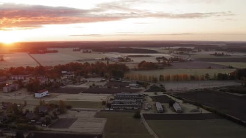 Amazing Sunset View Over A Small Village In Latvia - Wide Shot