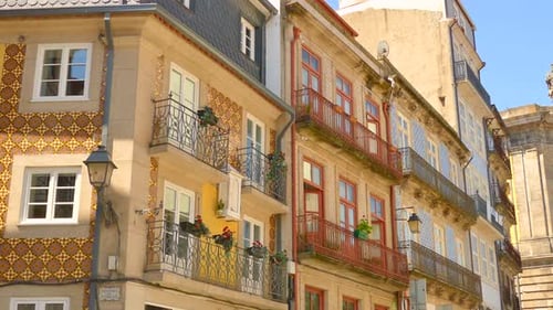 Terraced Balcony At The Facade Of Historic Architctures In The Streets Of Porto, Portugal. Low Angle
