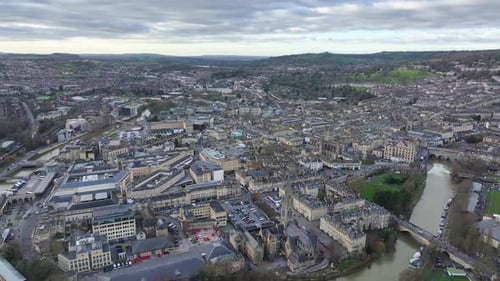 Aerial view of Bath Abbey, River Avon, United Kingdom.