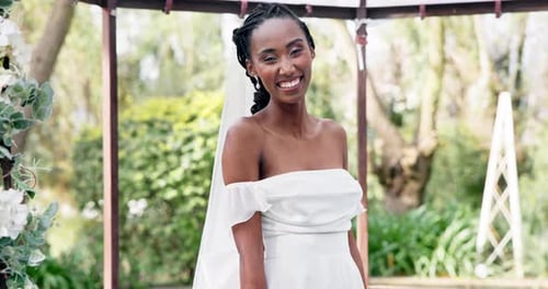 Wedding, portrait of bride with smile in nature gazebo with garden for celebration of love