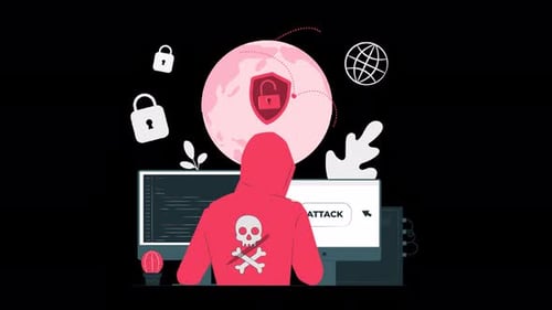 information security, hacker using a computer, computer virus animation 4k alpha channel