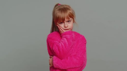 Young Child Girl Kid Touching Cheek Terrible Suffer From Painful Toothache Sensitive Teeth Cavities