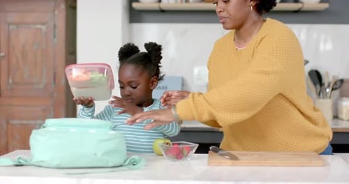 Mother and Daughter Packing Lunch Together in Kitchen