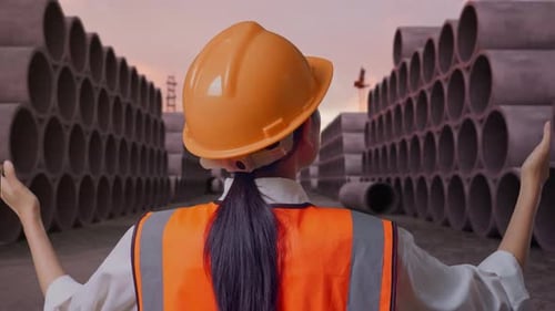 Close Up Back View Of A Female Engineer Spreading Arms with Concrete Pipes