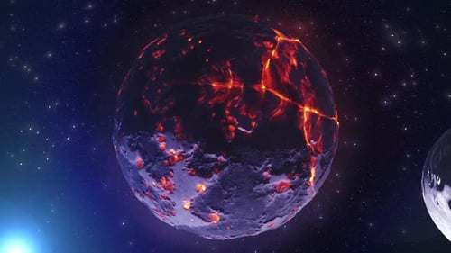 Planet Erde tot mit heißem Magma und dem Mond, 4K