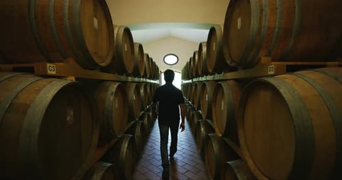 Man Walks Through Wine Barrel Cellar