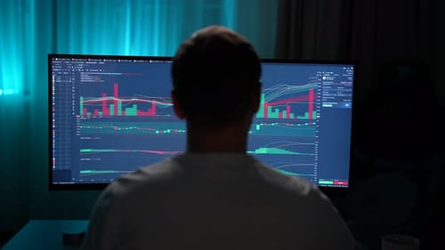 Rear View of Frustrated Unrecognizable Male Stock Trader Losing Money on Forex Crypto Exchange After