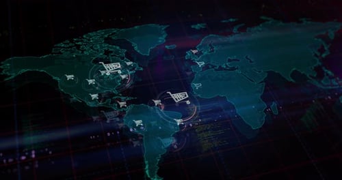Futuristic World Map with Global Shopping Cart Connections
