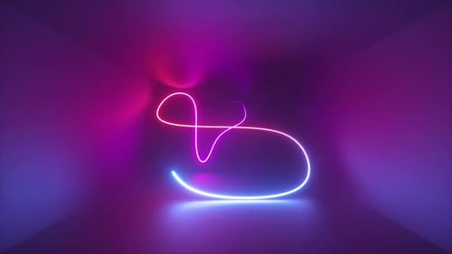 Abstrakter 3D-Hintergrund mit leuchtender Neonlinie, die sich in einem langen dunklen Tunnel bewegt.