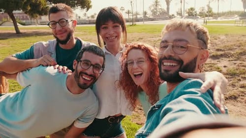 Glückliche Freunde machen ein Selfie im Park
