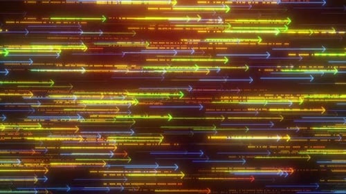 Neonpfeil, der eine Animation von rechts nach links mit Punktanimationshintergrund durchläuft. Neonpfeil Direkt