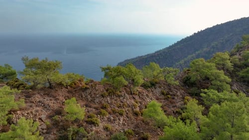 Camera Slowly Pans to the Right Revealing a Beautiful Mediterranean Coastline with Turquoise Waters