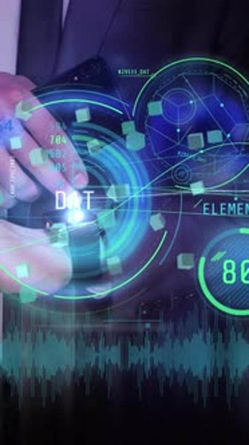 Man Works with Smartwatch and Virtual Infographics