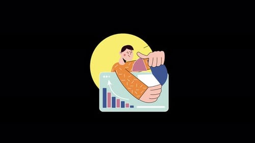 Stylized character with geometric shapes in a digital workspace