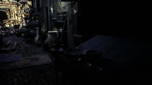 Marrakech Markets Night Alley Pottery Vendor Arranging Jars