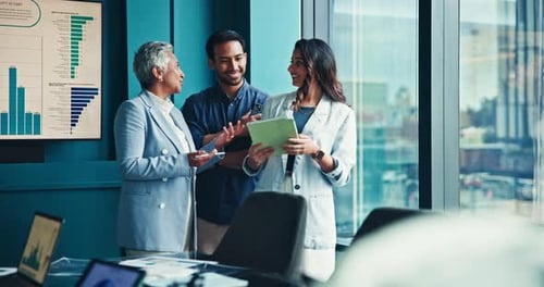 Business people, meeting or tablet with analytics in conference for corporate performance or review