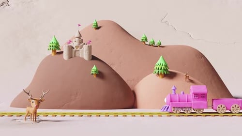 Wunderliche 3D-Landschaft mit Zug und Schloss
