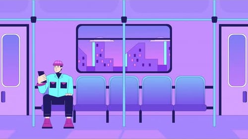 Flat Design Animation: Person Using Phone on Subway