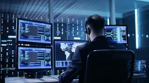 Vista posterior del controlador/operador técnico trabajando en su estación de trabajo con varias pantallas. Posts