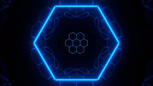 Blue Neon Kaleidoscopic Honeycomb Hexagons In Cyberspace Background Vj Loop In 4K