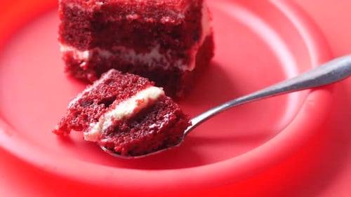 Red Velvet Cake Slice on Pink Plate