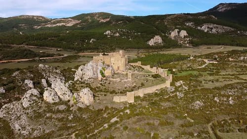 Romanesque Loarre Castle In Huesca Province, Aragon, Spain. Aerial Drone Shot