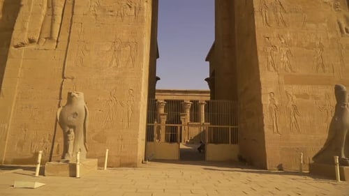 Panning at the entrance to the Edfu Temple. Egypt. River Nile in the city of Edfu near Aswan, Greco-
