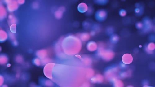 Abstrakter lila leuchtender Hintergrund mit fliegenden Kreisen, Atomen, Molekülen, Partikeln
