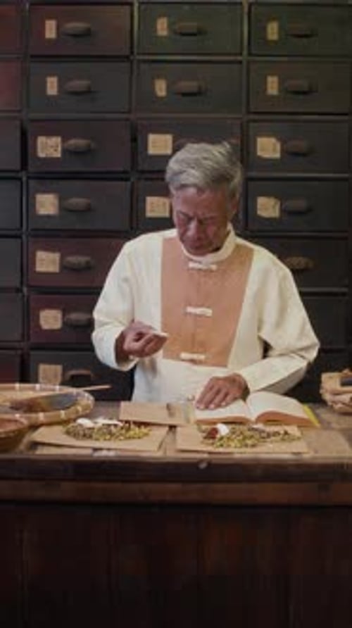 Homeopata sênior escrevendo ingredientes de uma mistura curativa no Herbal Apothecary