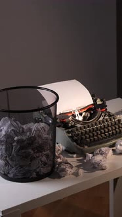 Typewriter and Trash Full of Crumpled Paper