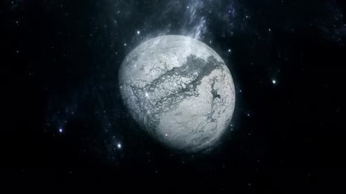 Rotating Grey Planet in Starry Space Background