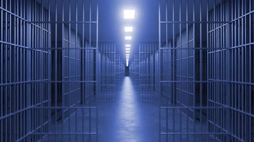 Prison hallway with blue lighting and metal bars