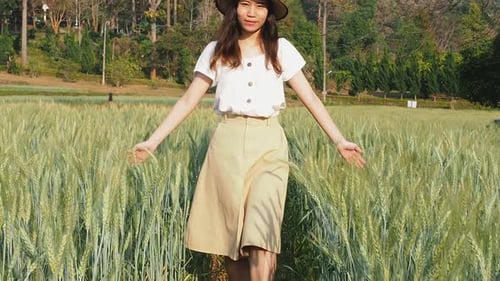 Woman walking through barley field and touching wheat in a sunset light.