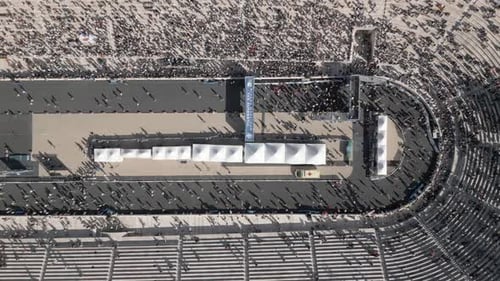 Aerial footage over the finish of a Marathon run, The Authentic in Athens