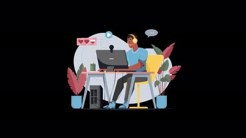 Flat Design Animation of a Gamer Streaming Online