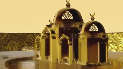 Golden Eid Al Fitr Celebration with Animated Mosque Structure